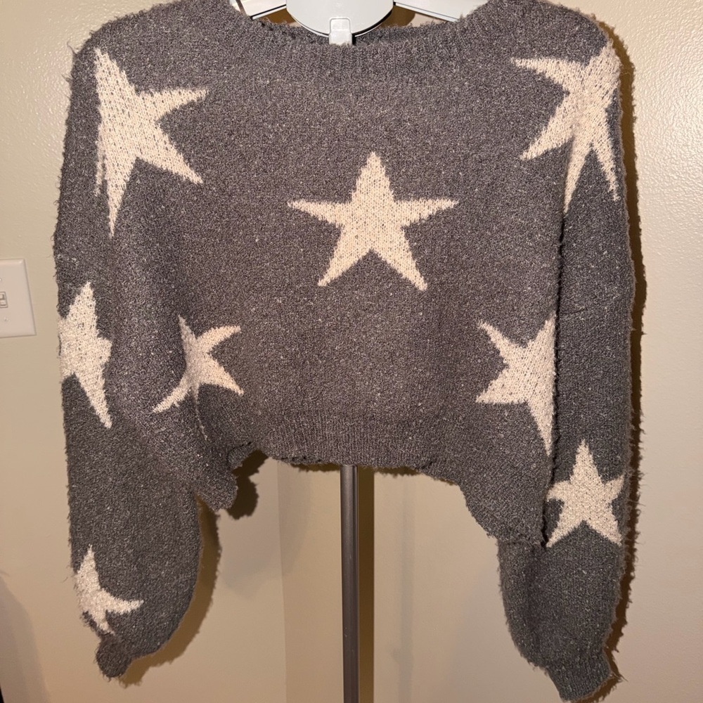 Altar’d State Star Print Fuzzy Cropped Pullover Sweater - Picture 2 of 6